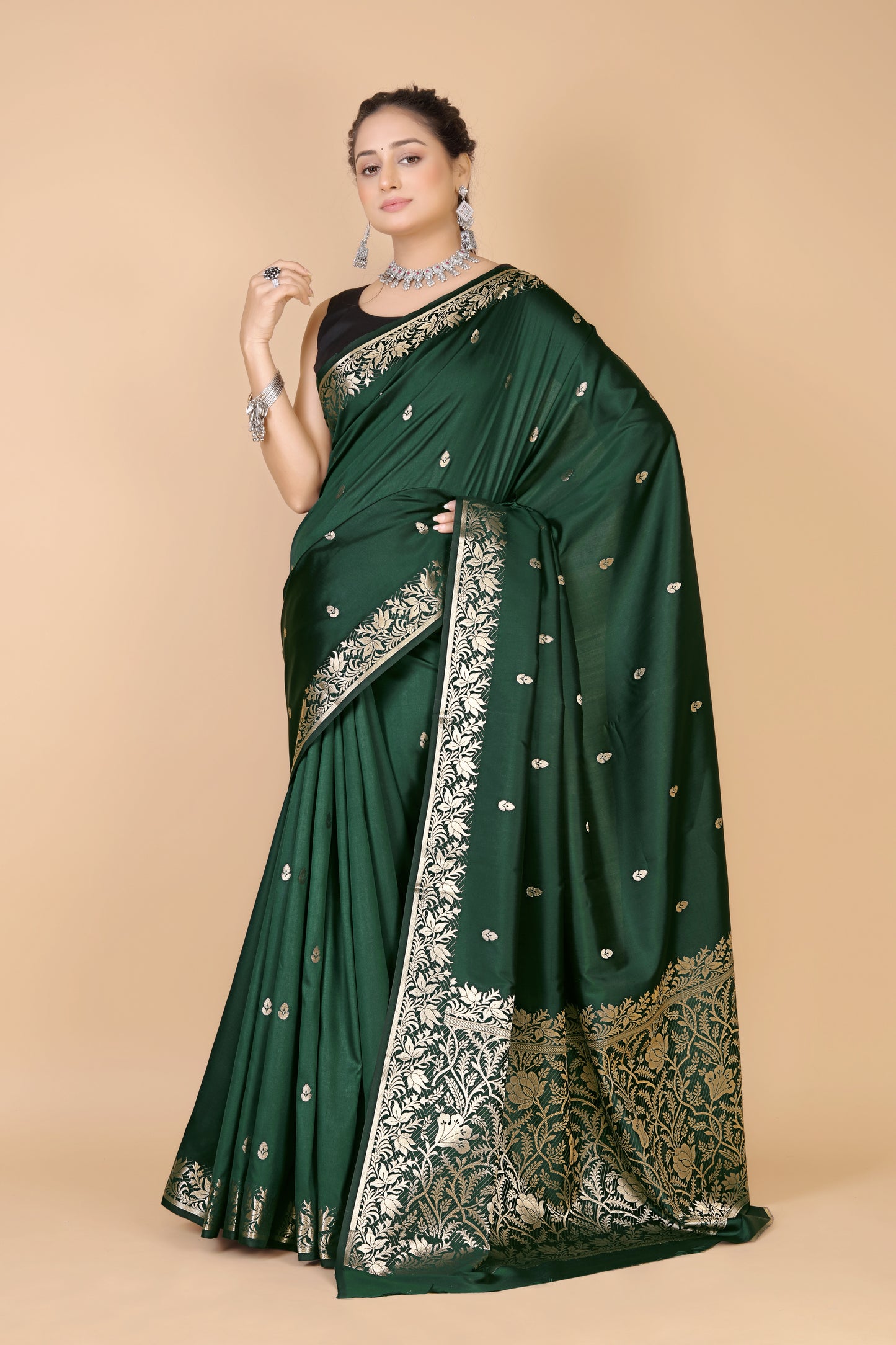 Bottle Green Semi Katan Soft silk Saree-Rupa