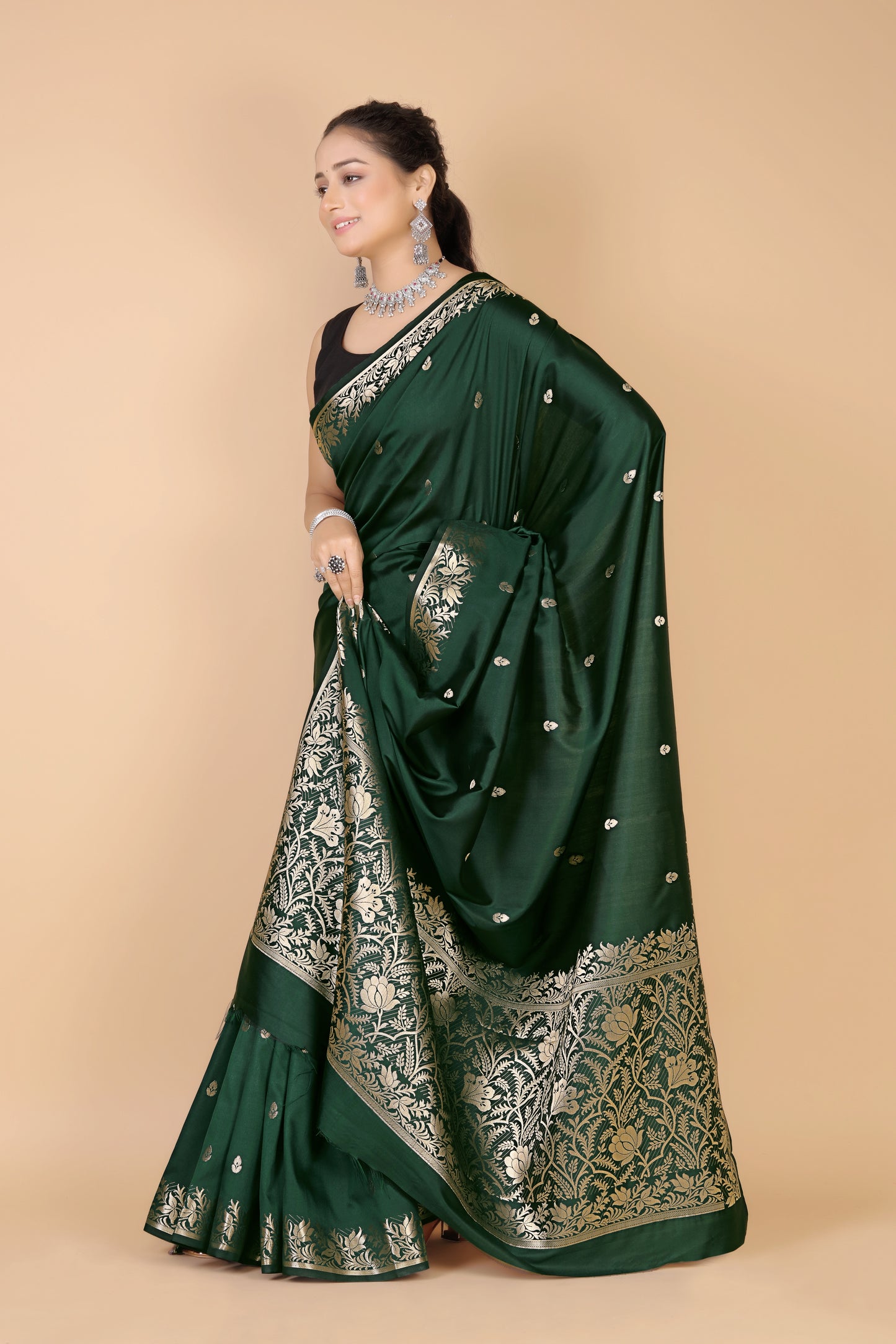 Bottle Green Semi Katan Soft silk Saree-Rupa