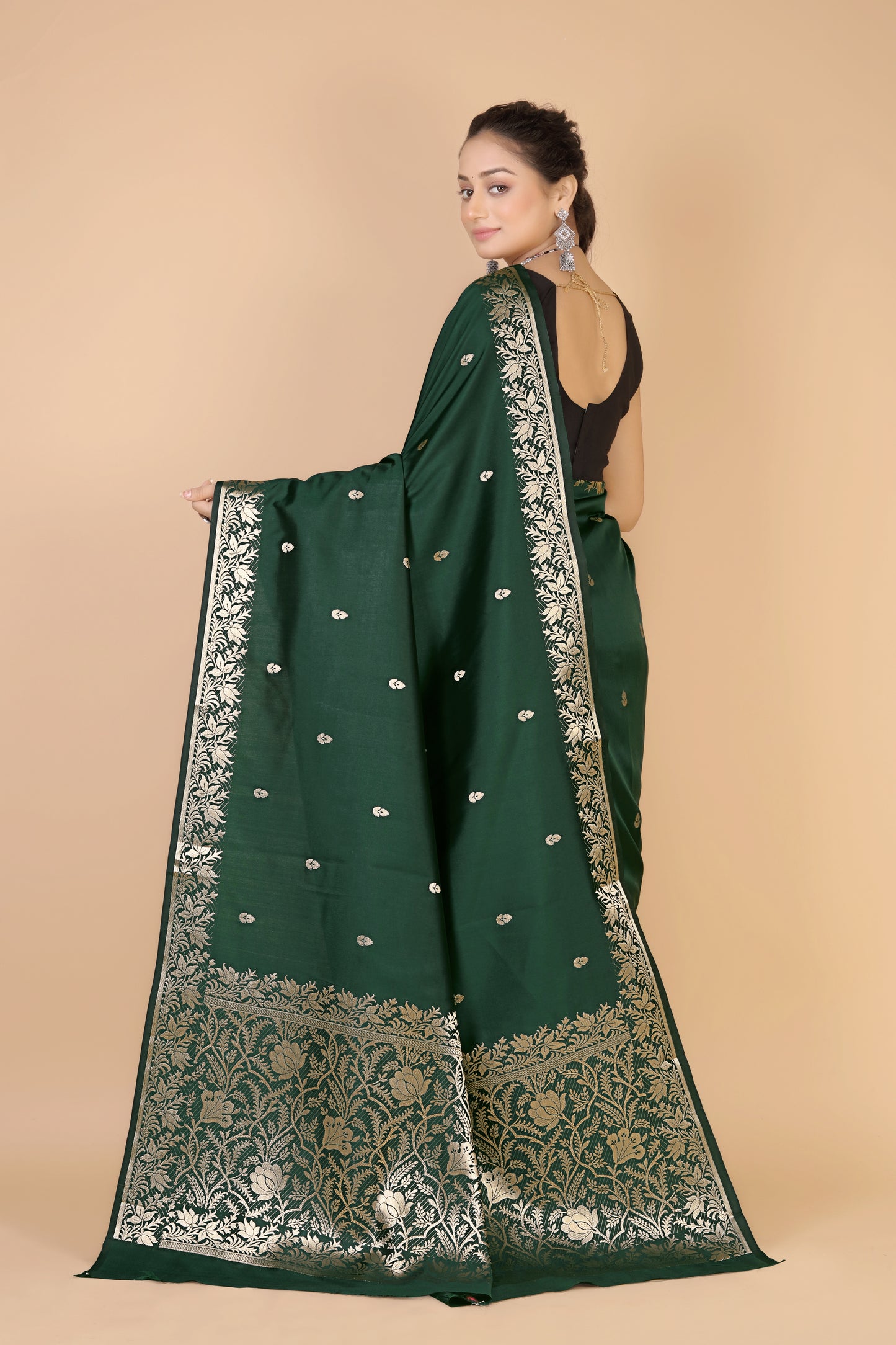 Bottle Green Semi Katan Soft silk Saree-Rupa