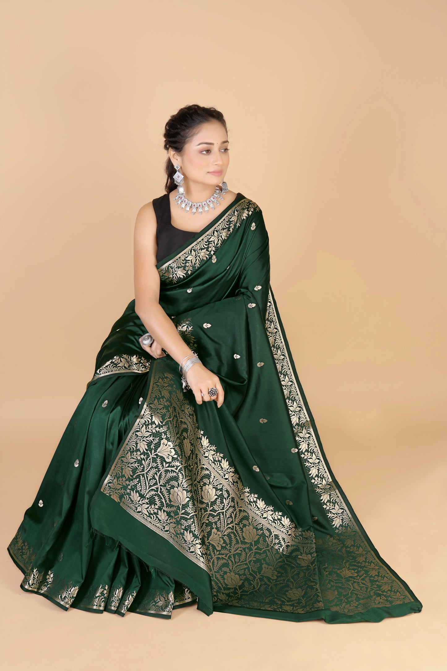 Bottle Green Semi Katan Soft silk Saree-Rupa