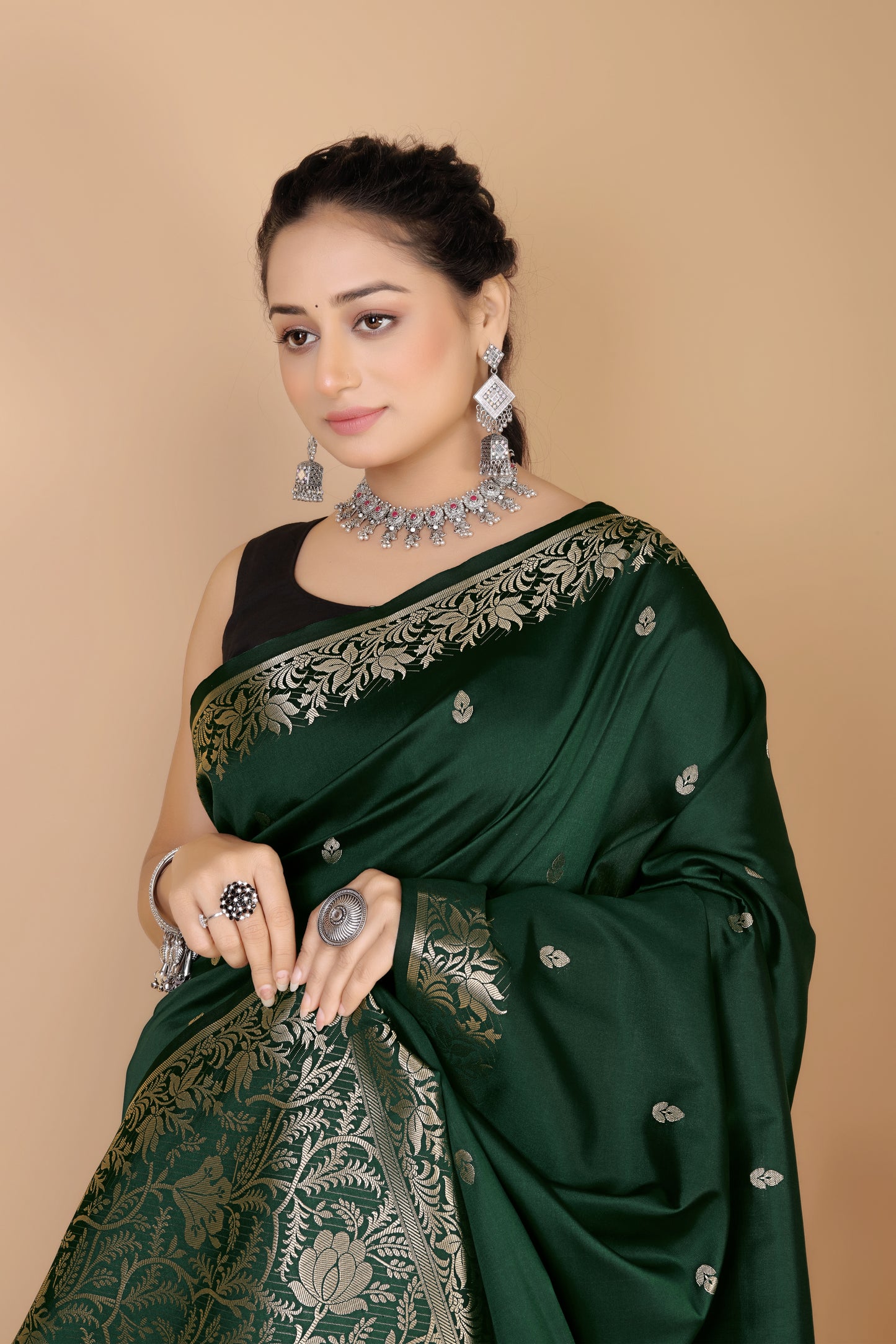 Bottle Green Semi Katan Soft silk Saree-Rupa