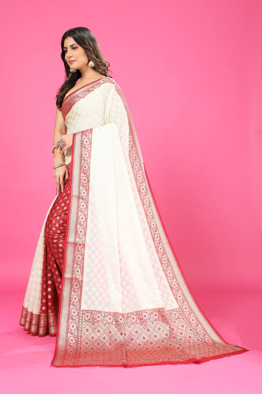 Dual white and Maroon Banaras Soft Georgette silk