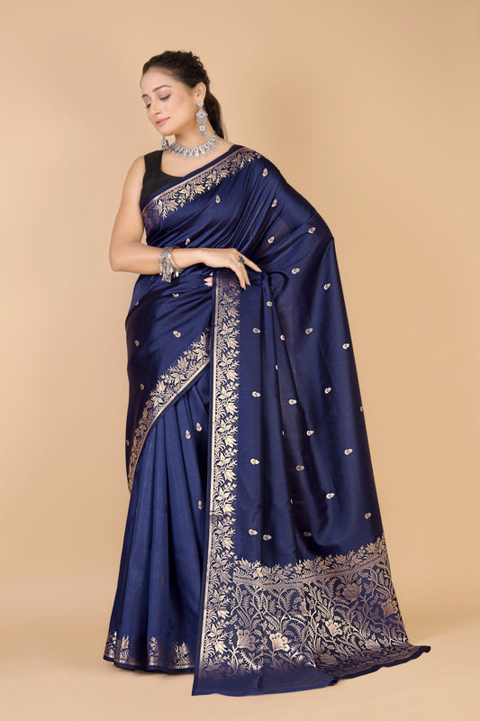 Navy Blue Semi Katan Soft silk Saree-Rupa