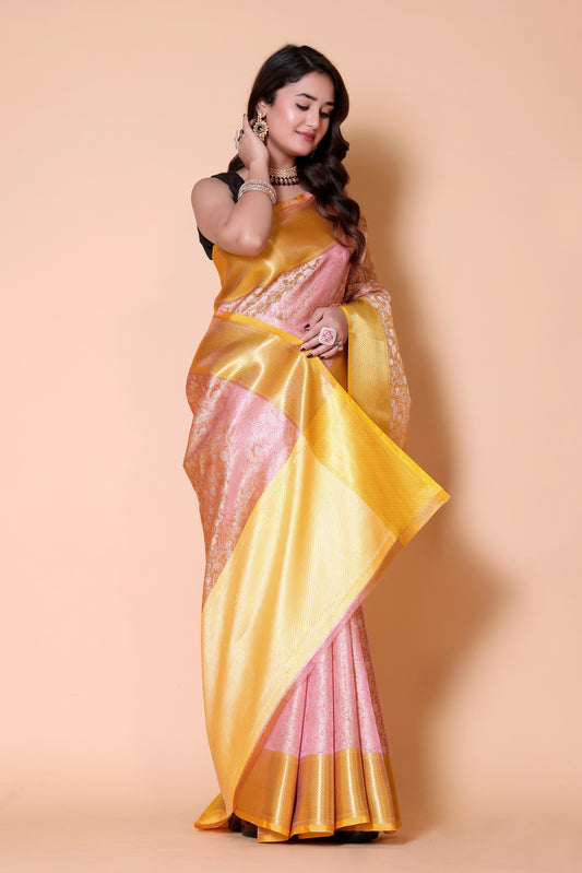 Banarasi Embroidery tissue Silk Saree - Pink