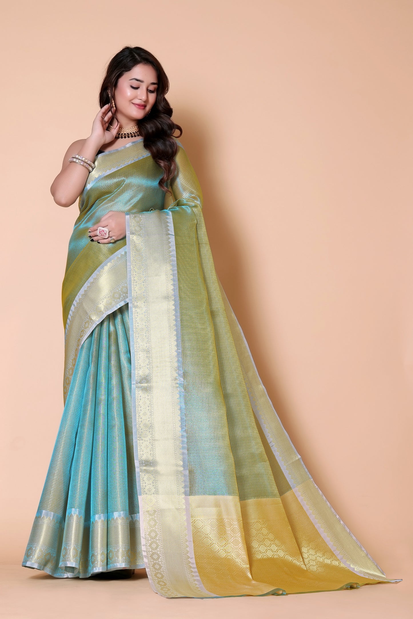 Gold TISSUE silk Saree - Blue