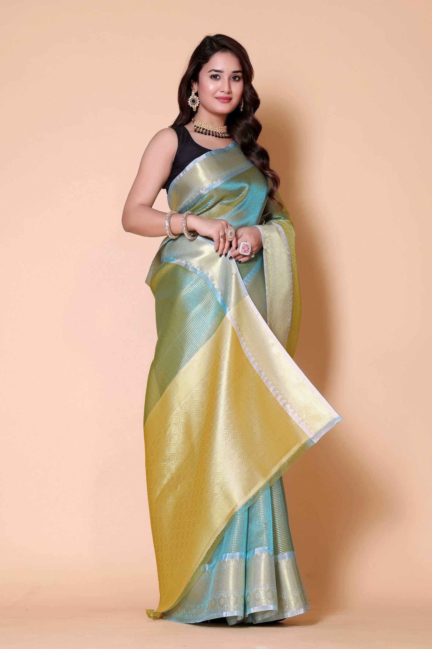 Gold TISSUE silk Saree - Blue