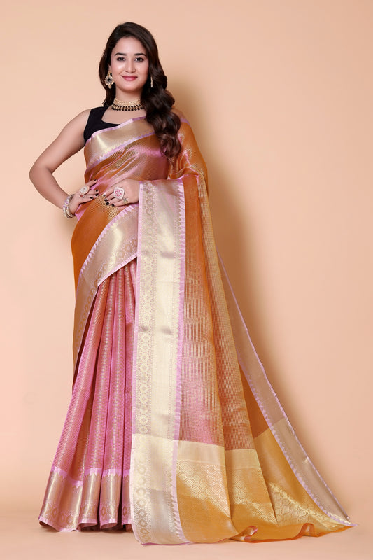 Gold TISSUE silk Saree - Pink