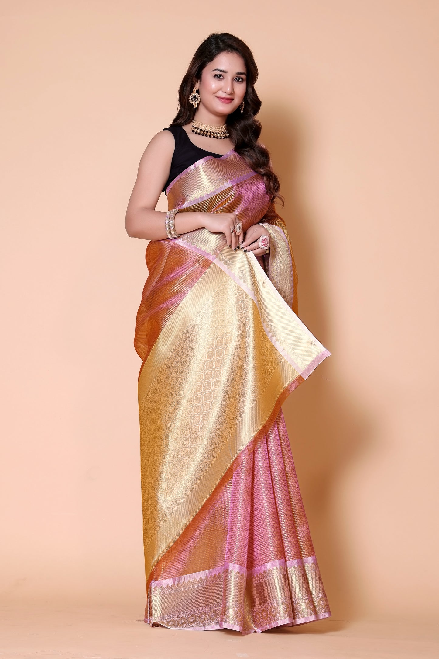 Gold TISSUE silk Saree - Pink