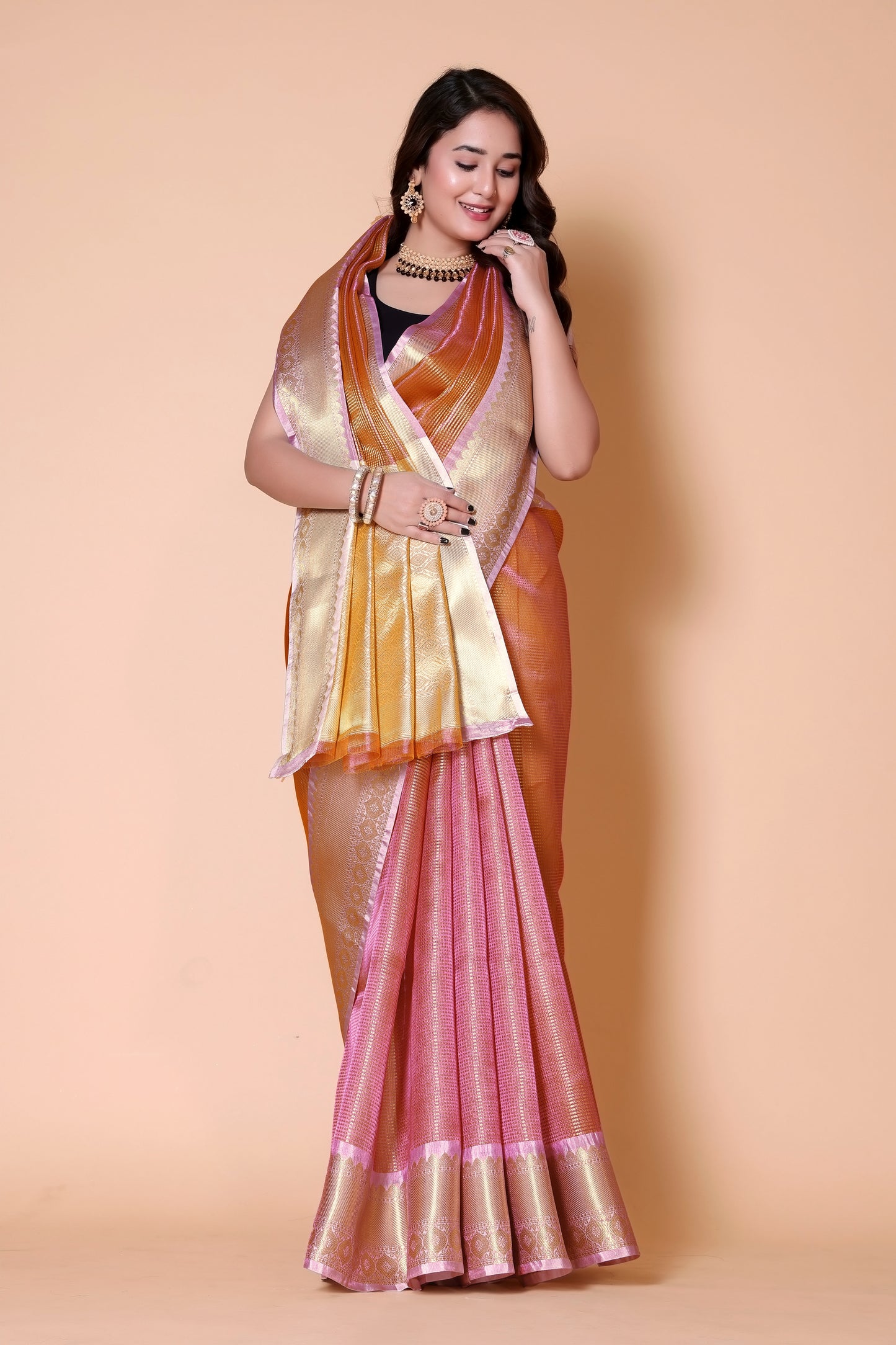 Gold TISSUE silk Saree - Pink