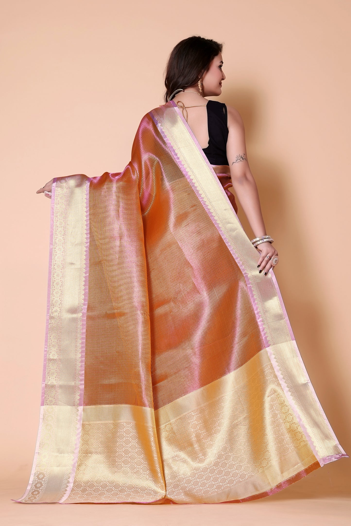 Gold TISSUE silk Saree - Pink