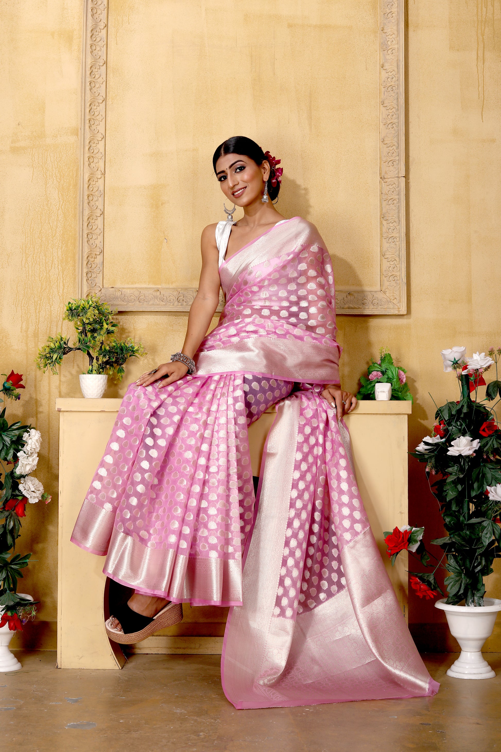 Light Pink Banaras Kora Organza silk - AbirabyBeena