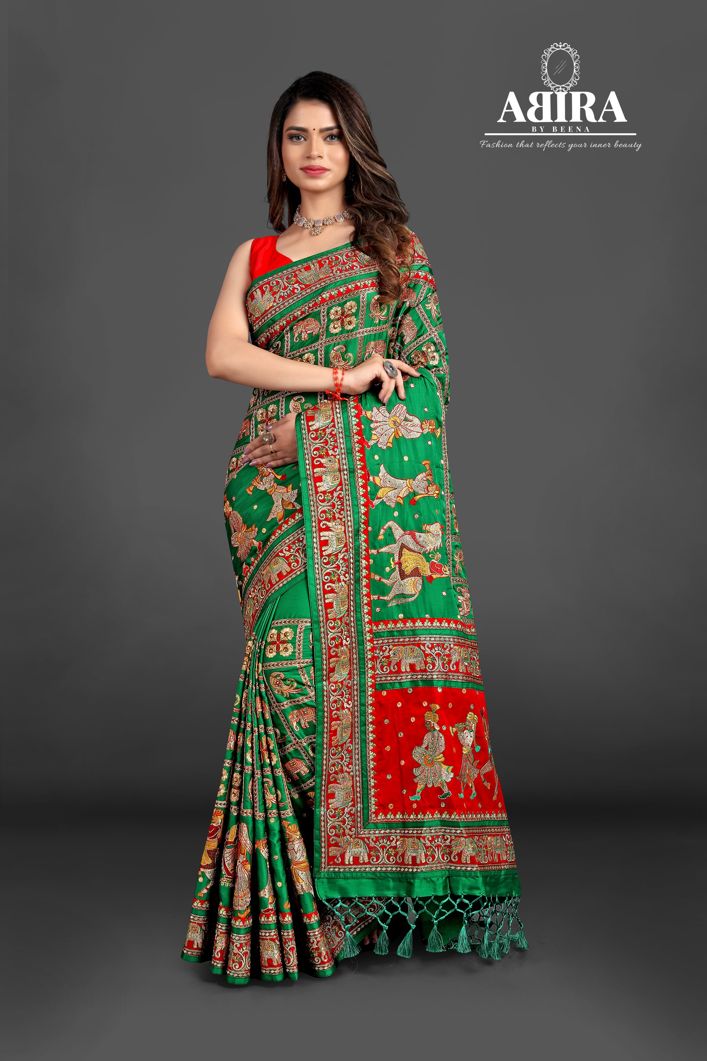 Red And Green Embroidered Gharchola Saree in Synthetic Gaji Silk – Khatri  Jamnadas Bechardas