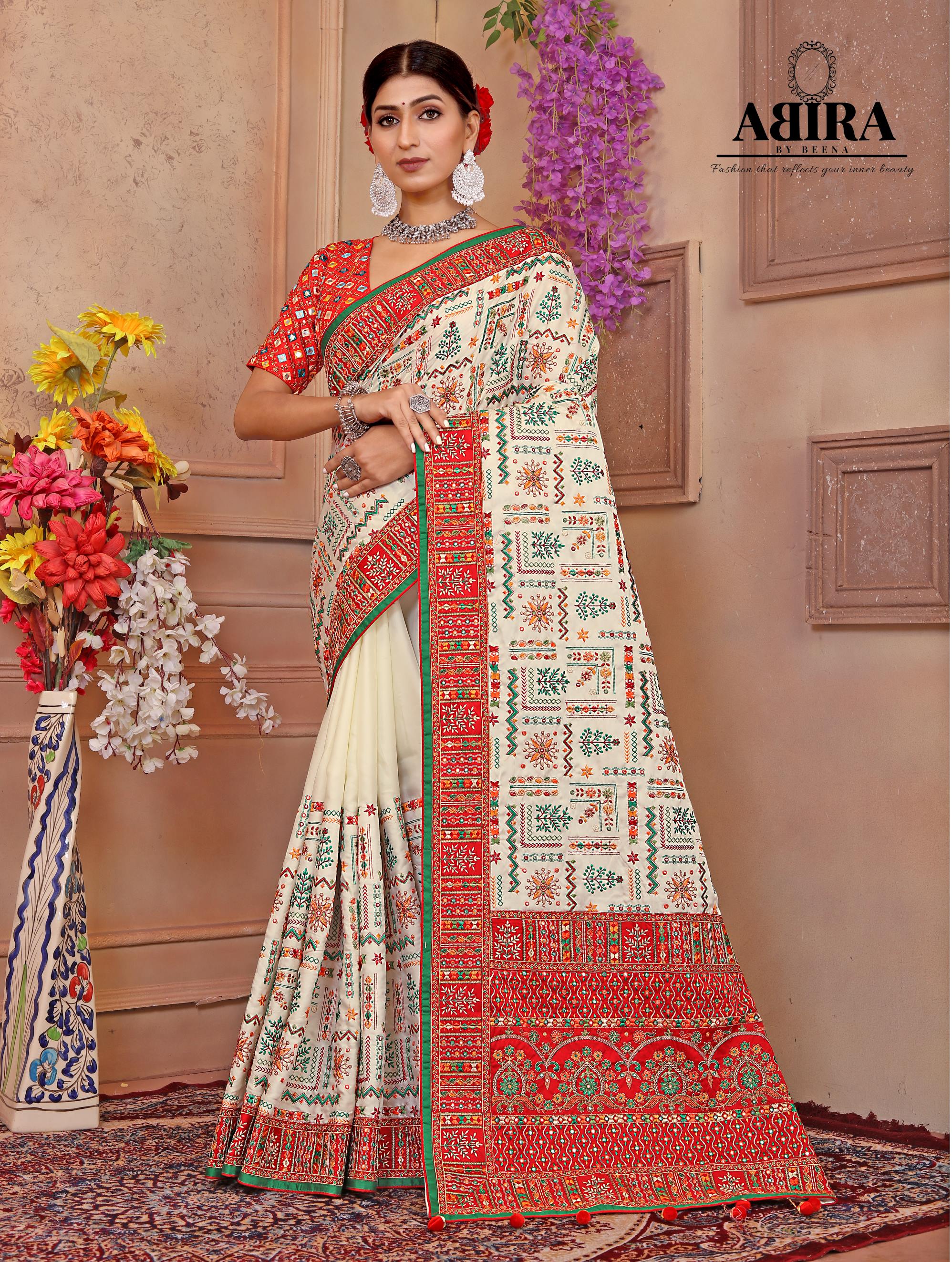 White and Red Chanderi Cotton Silk Saree – ShopBollyWear.Com