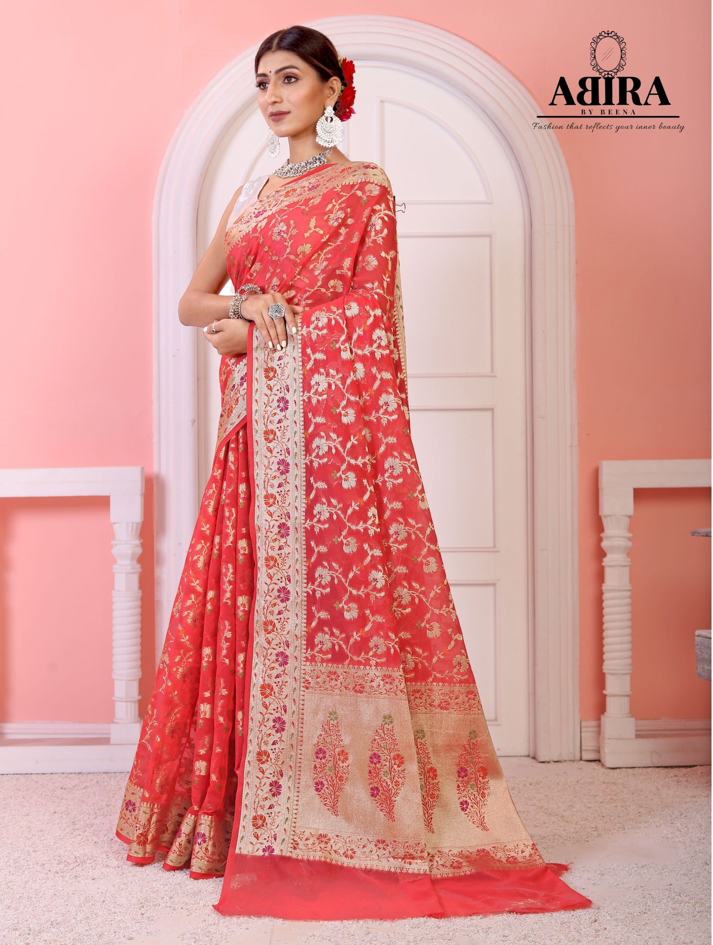 Red Banaras Soft Georgette Jaal silk - AbirabyBeena