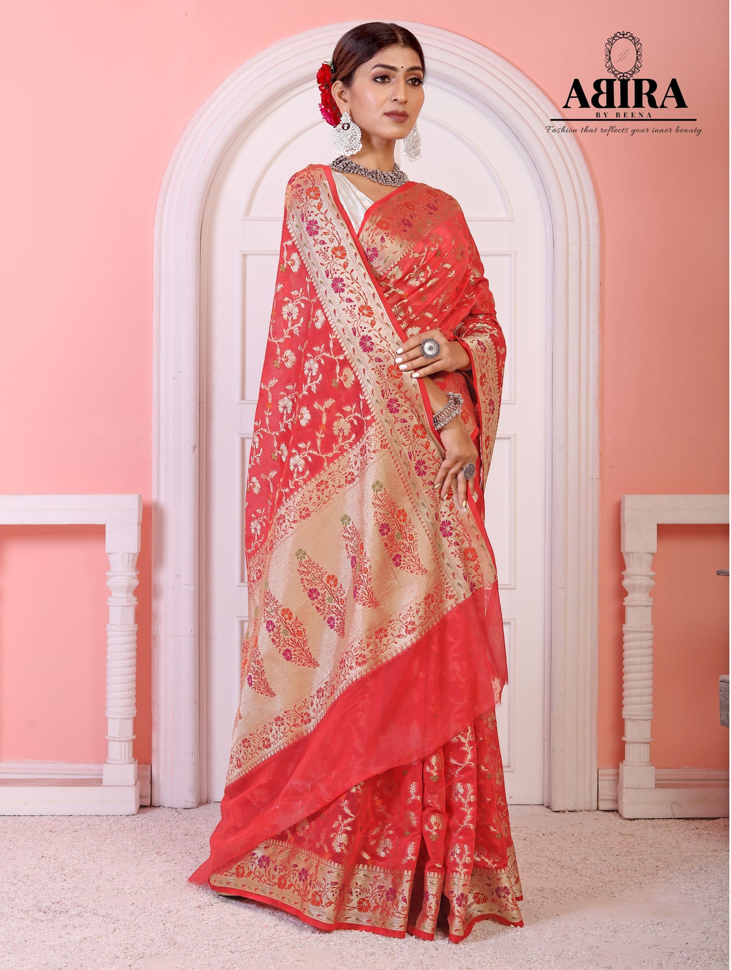 Red Banaras Soft Georgette Jaal silk - AbirabyBeena