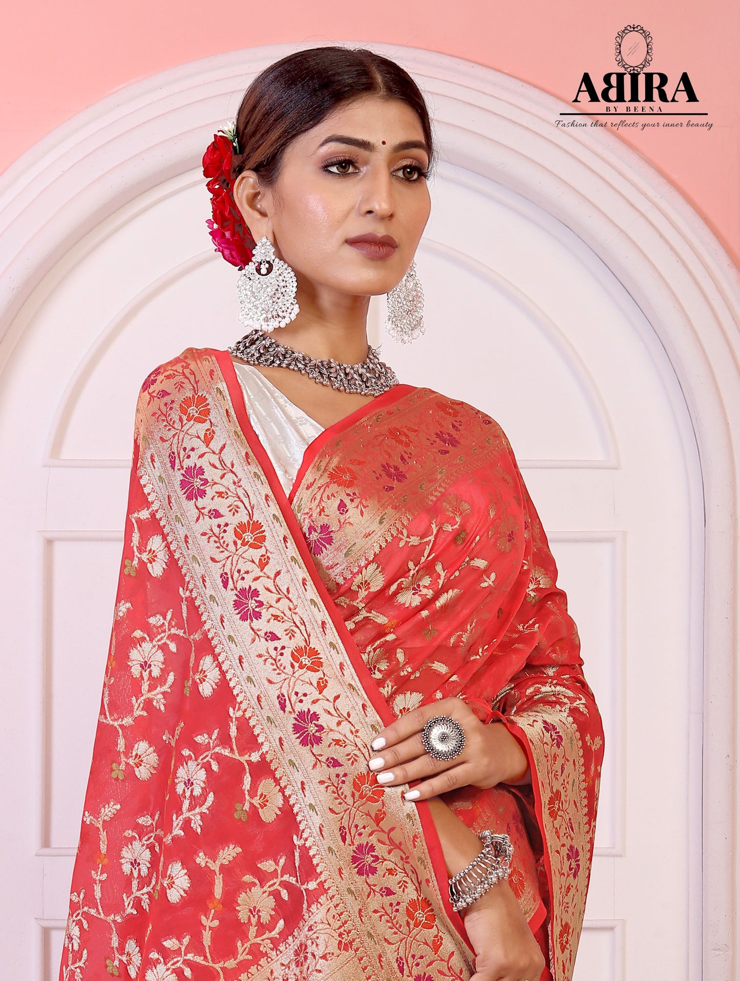 Red Banaras Soft Georgette Jaal silk - AbirabyBeena