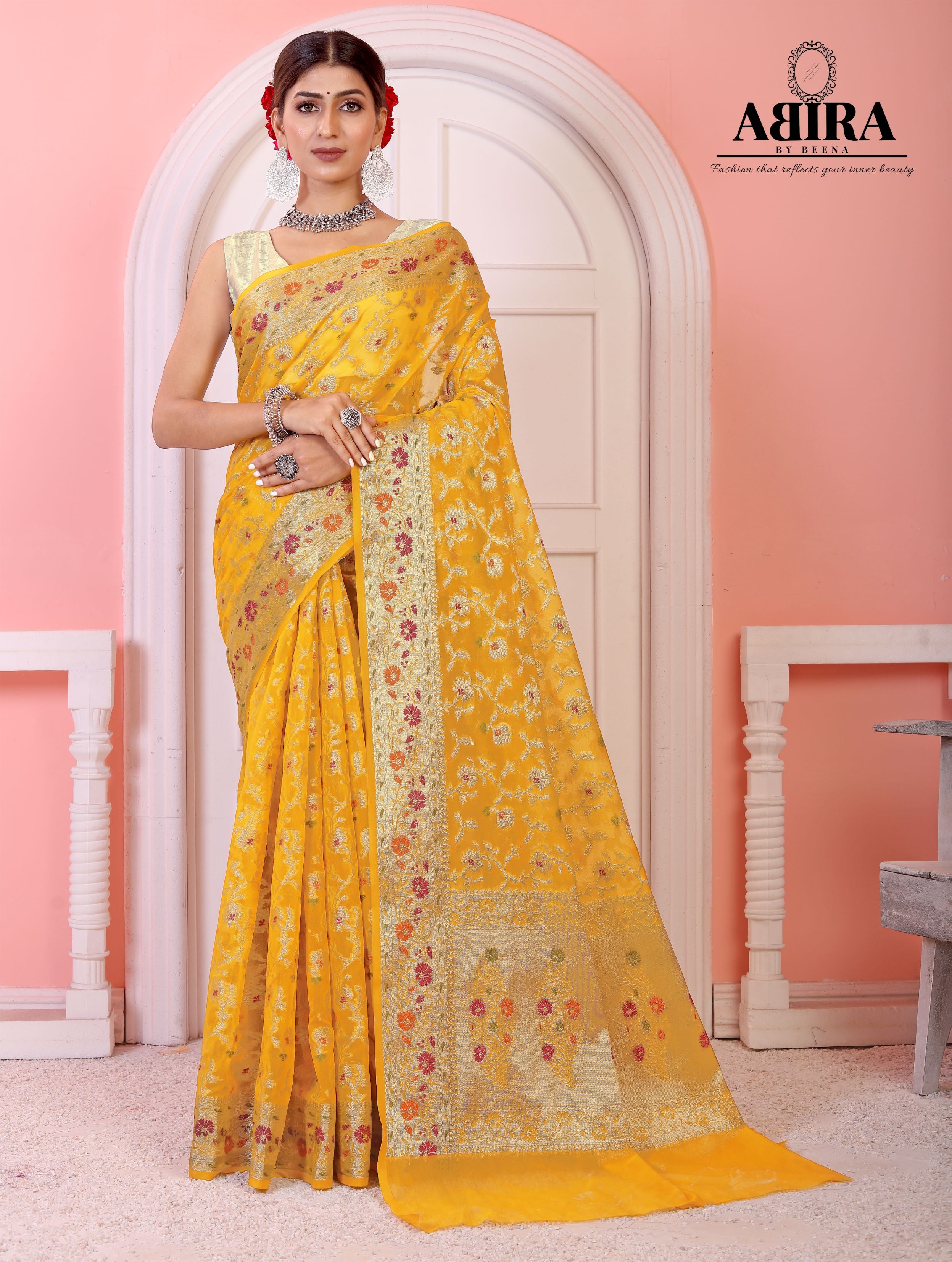 Haldi Yellow Banarasi Khaddi Georgette Saree with Zari Work – Faburra