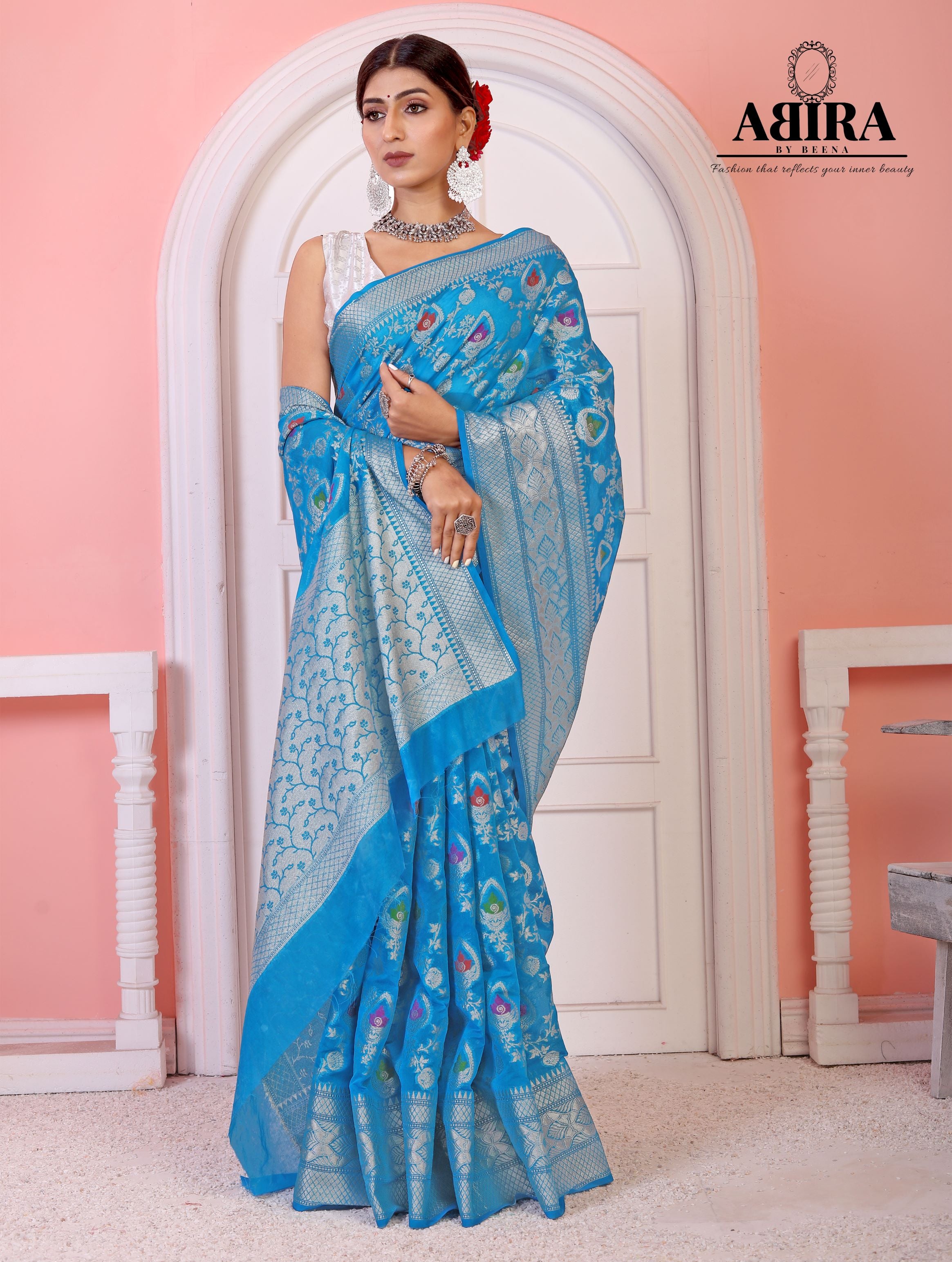 Stone Embellished Blue Saree In Net 4358SR03