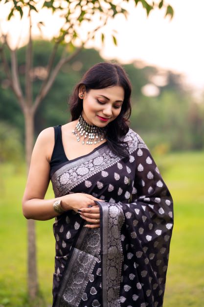 Black Banarasi Handloom Kora Silk Saree - Aura Benaras