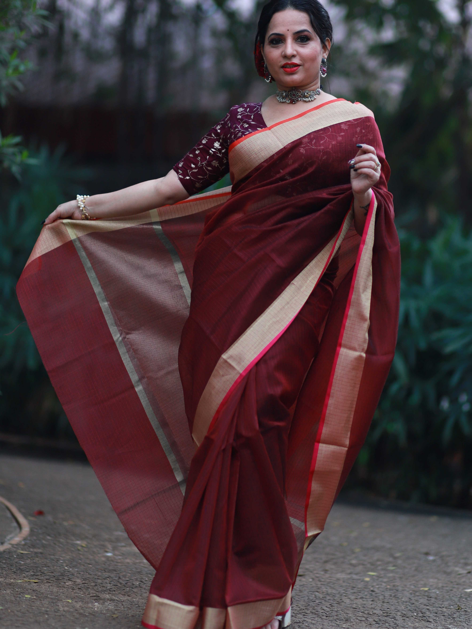 Maroon With Gold Border Soft Silk Saree – Maharani