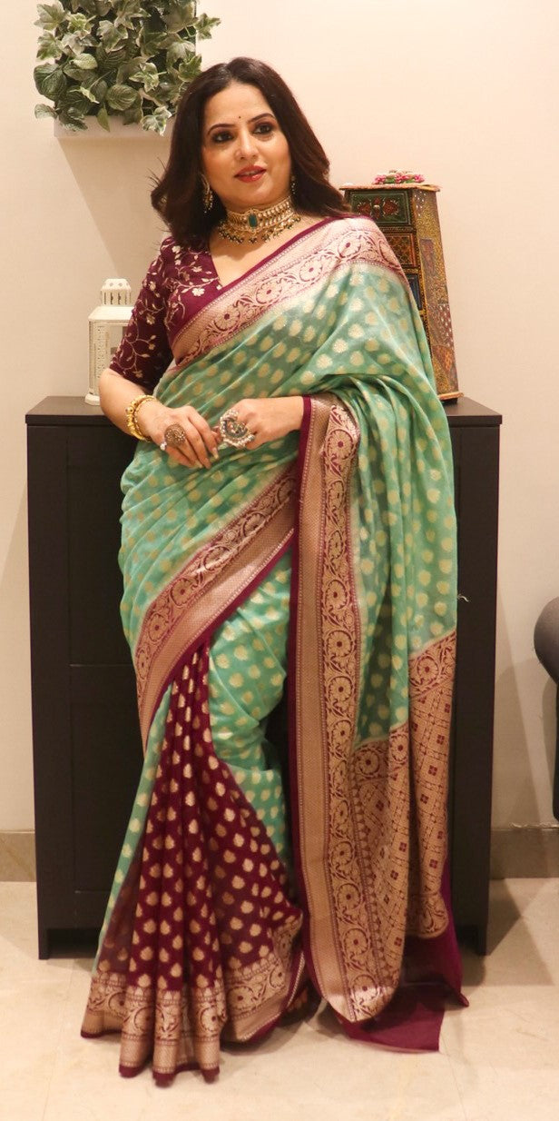 Pink Woven Organza Saree - Peachmode