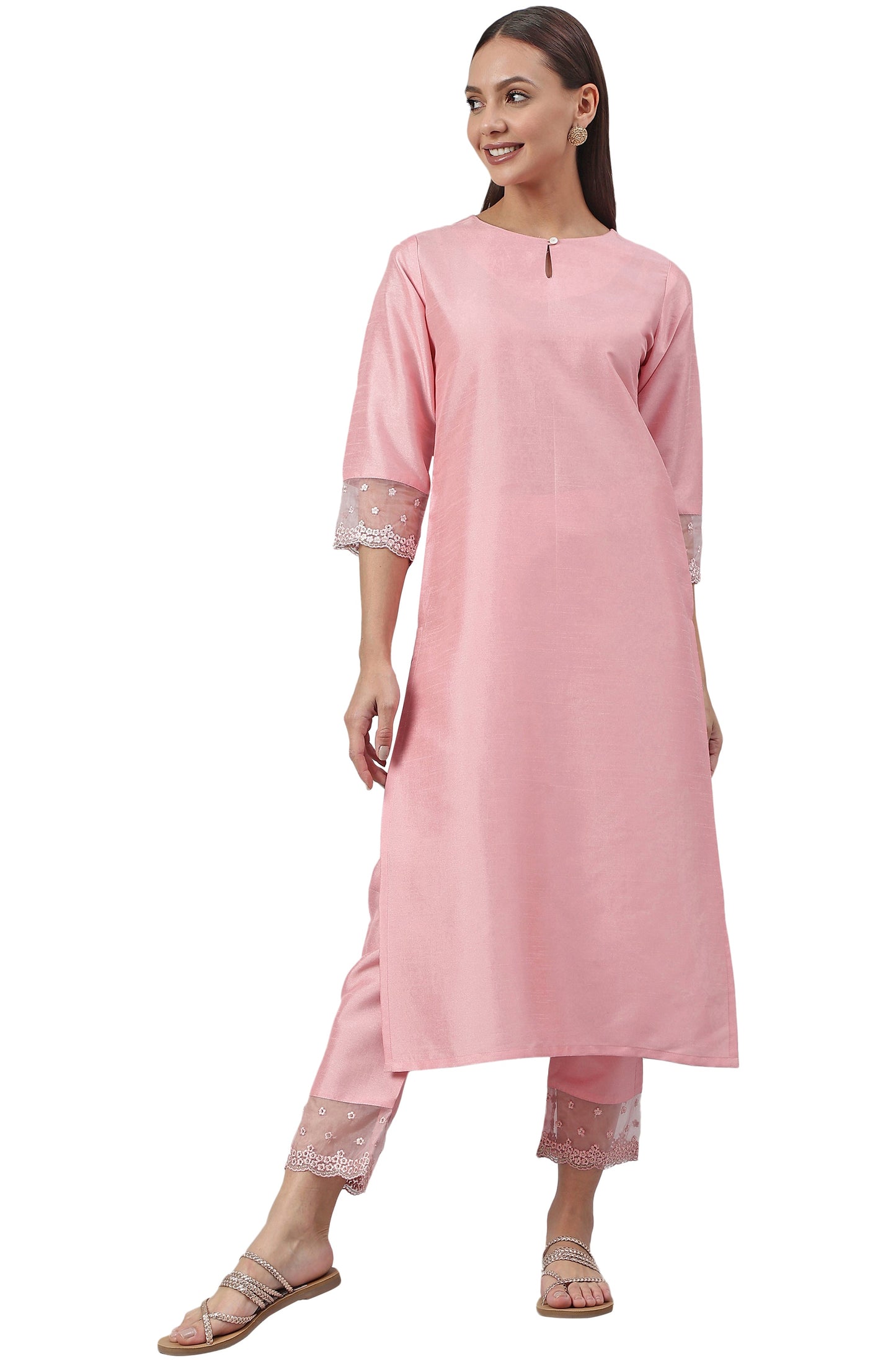 Pink Poly Silk Solid Kurta With Pant