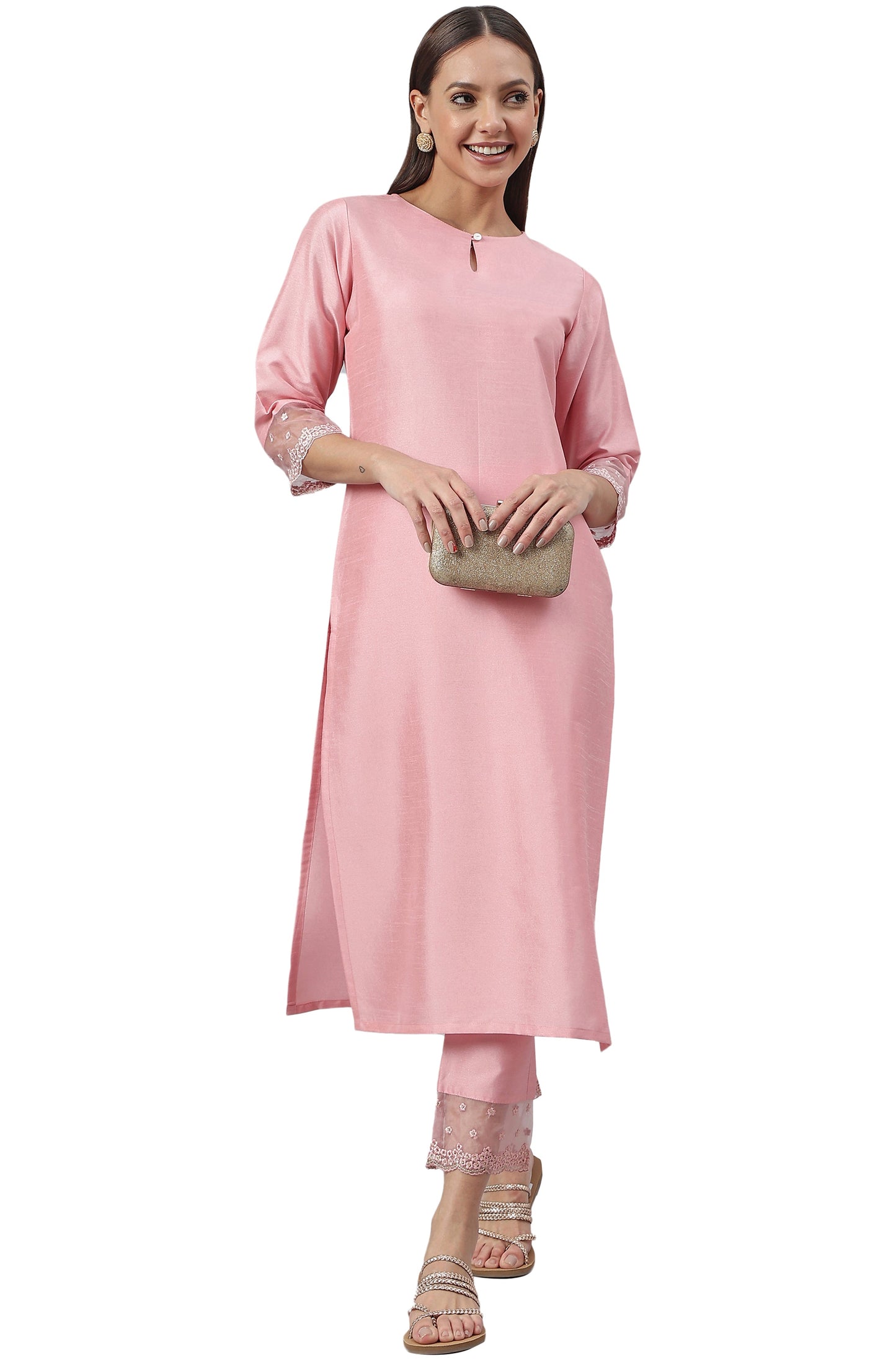 Pink Poly Silk Solid Kurta With Pant