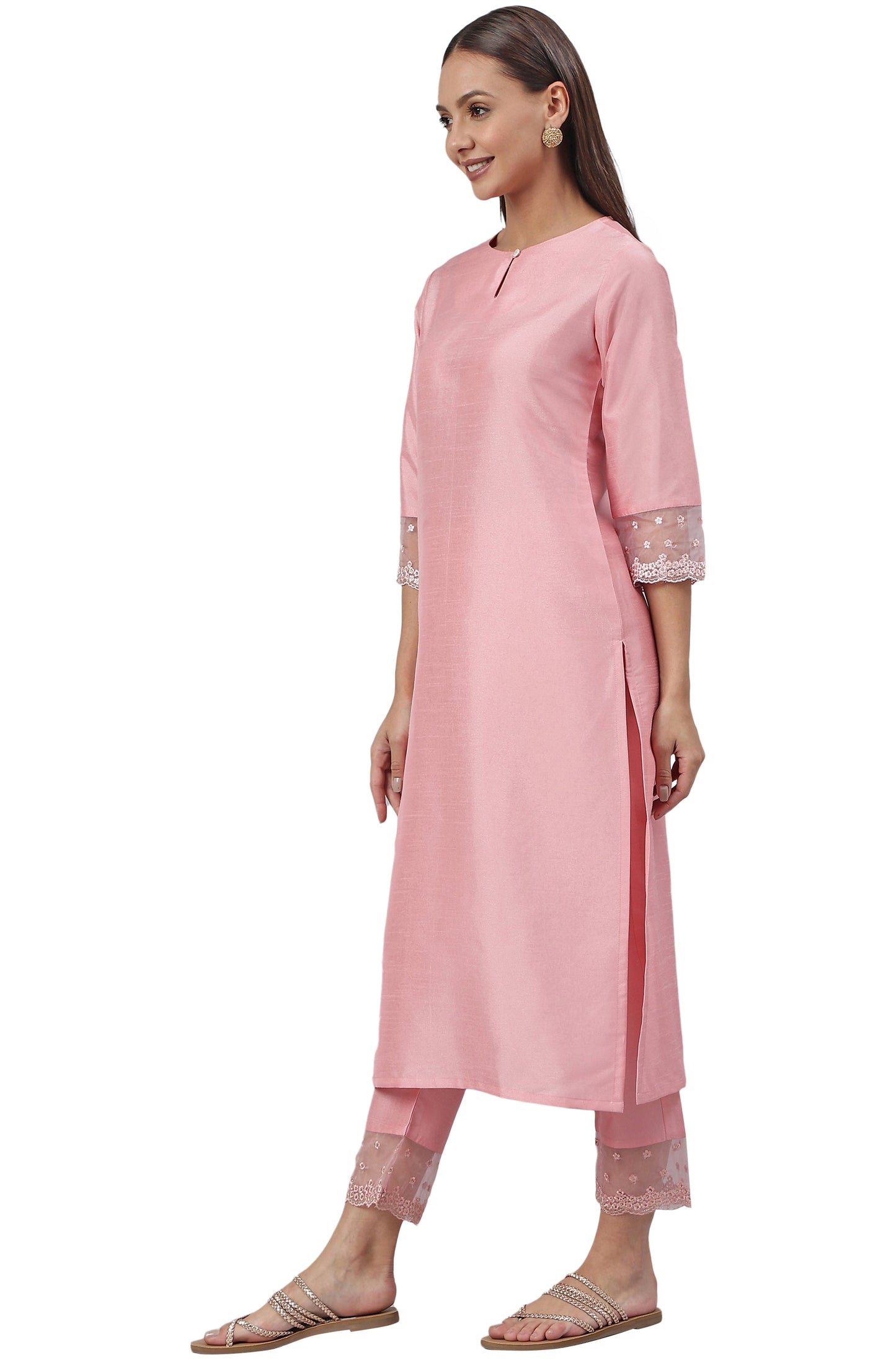 Pink Poly Silk Solid Kurta With Pant