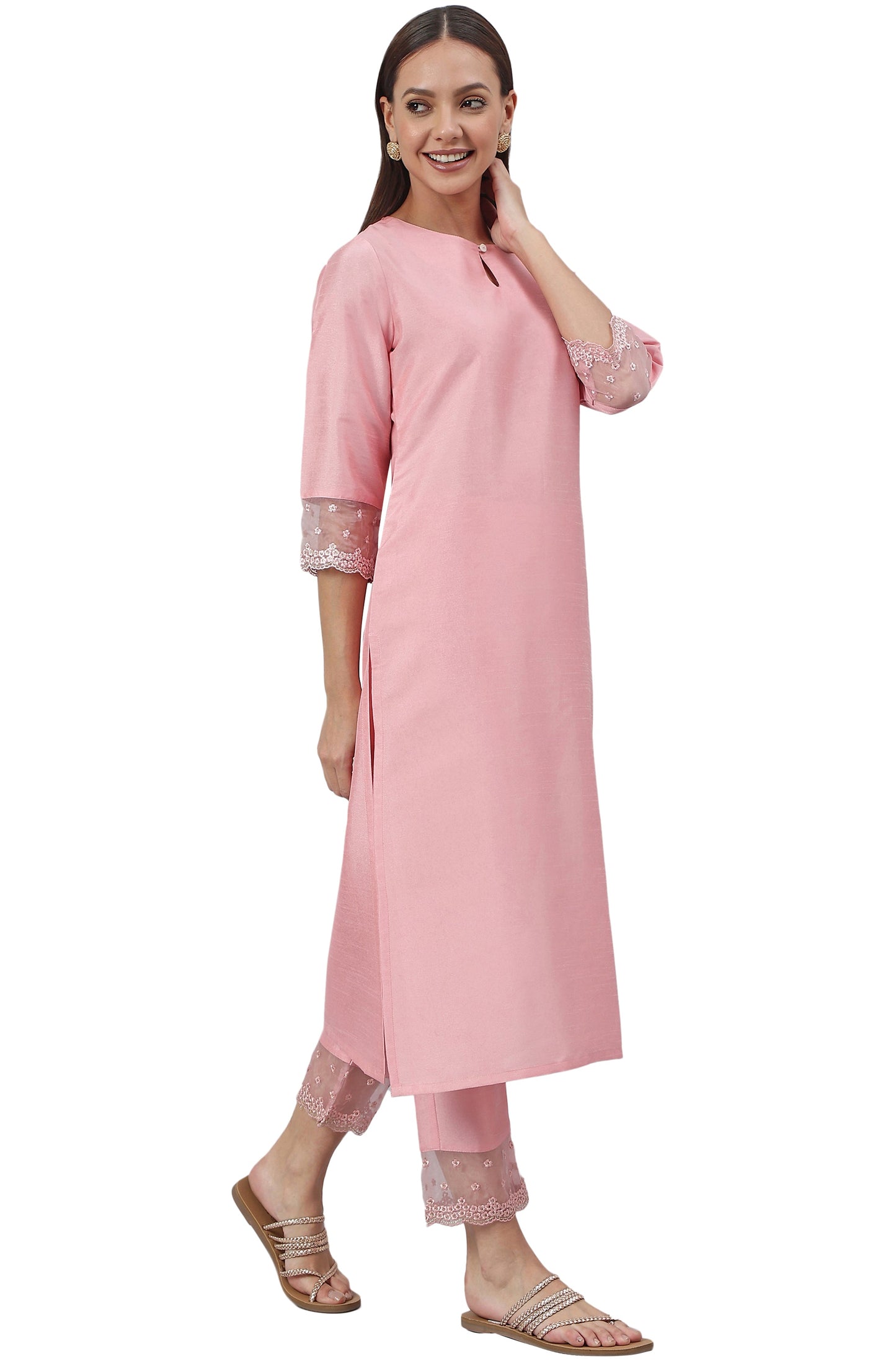 Pink Poly Silk Solid Kurta With Pant