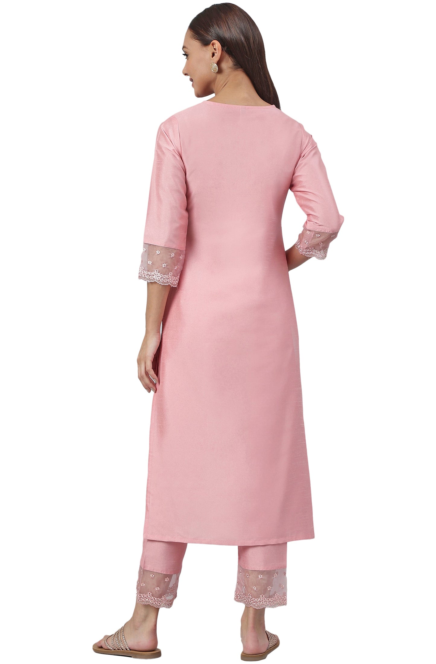 Pink Poly Silk Solid Kurta With Pant